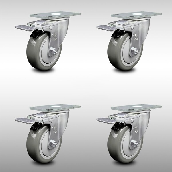 Service Caster 4 Inch SS Gray Polyurethane Top Plate Caster Set Total Lock Brake SCC SCC-SSTTL20S414-PPUB-4 - main